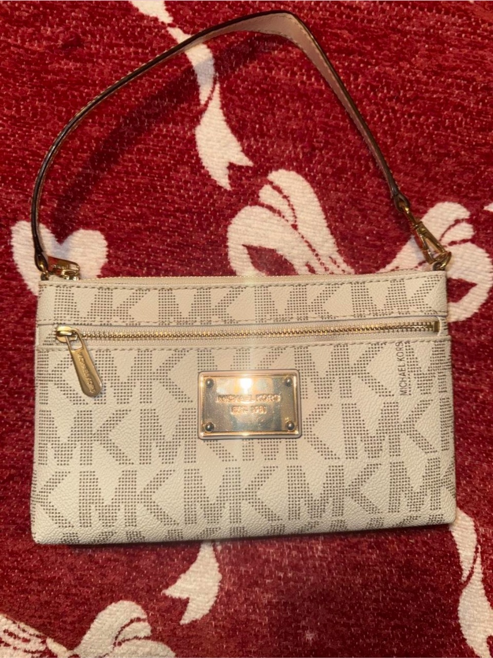 Authentic Michael Kors White Logo Wristlet with Gold Hardware